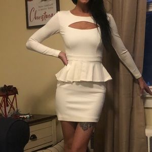 Bebe | Ivory Peplum Bodycon Long Sleeve Dress, XXS